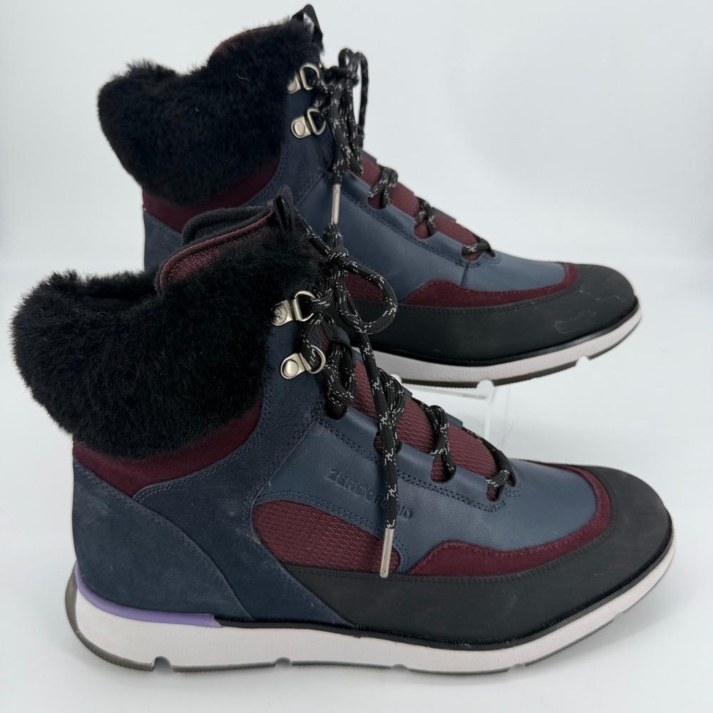 Cole Haan Zerogrand Explorer Hiker Boots Navy Burgundy Shearling W22877 Women 10